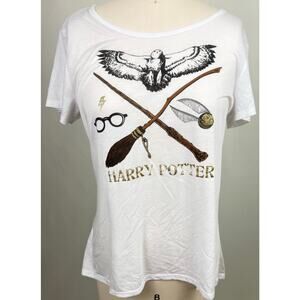 Harry Potter  XXL Graphic T-Shirt White Glitter Gold Wizard Hedwig Snitch Tee‎